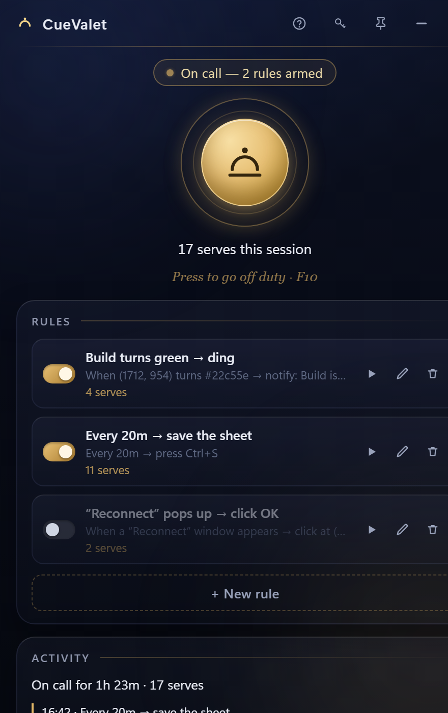 CueValet on call: the bell button glowing gold, a list of when-then rules, and the activity log